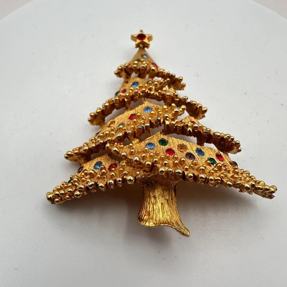 Vintage 90s Christmas‎ Tree Rhinestone Brooch Pin Gold Tone Fashion Jewelry